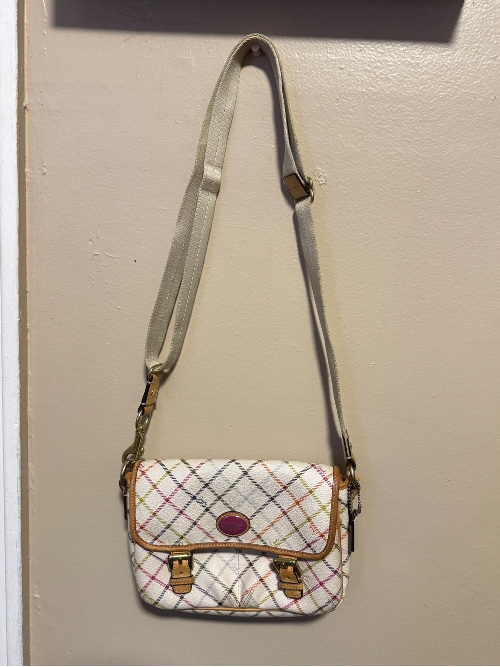 White Coach Tattersall Crossbody Bag with Tan Trim